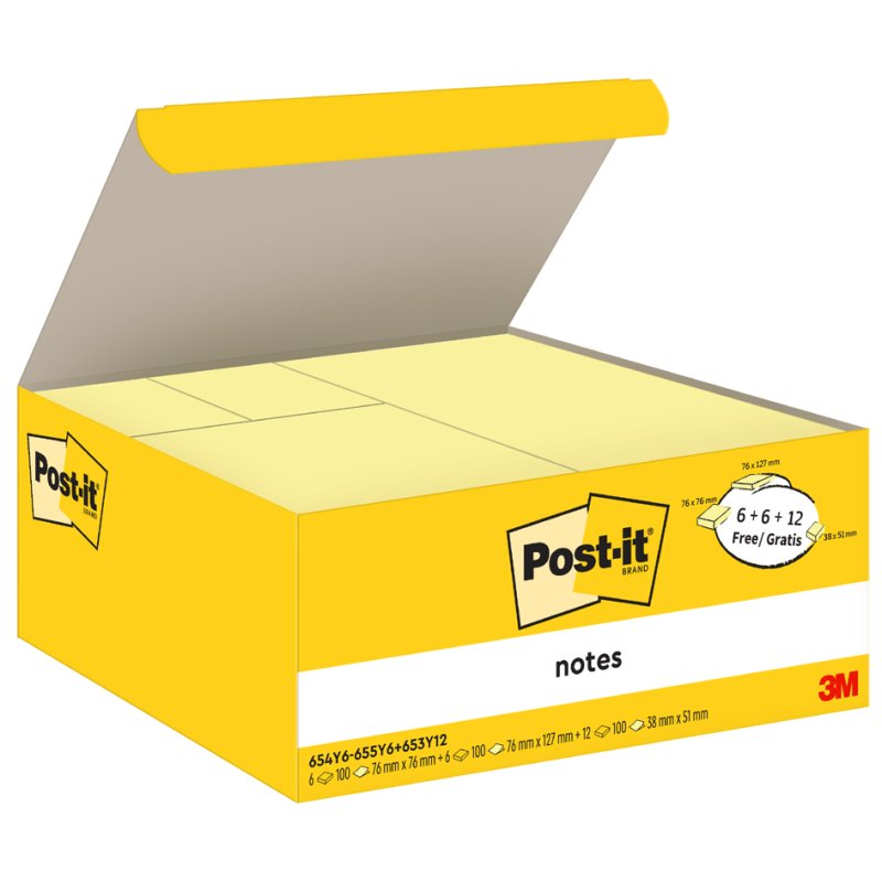 Post-it self-adhesive memo sheets, yellow, 3 sizes assorted, 24 pads
