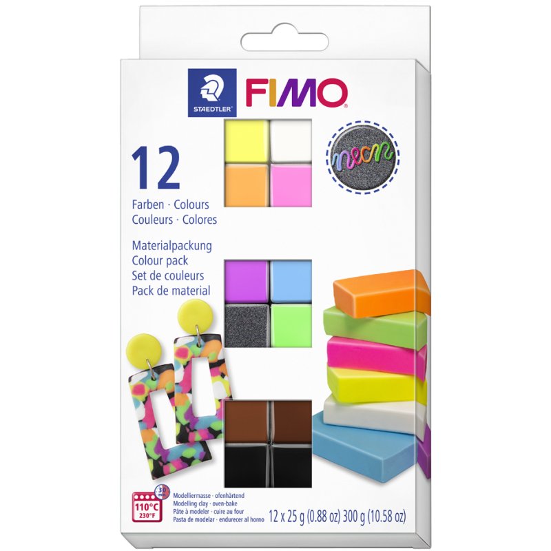 FIMO pâte à modeler set néon, 12 couleurs, cuisson au four, 25 g par couleur