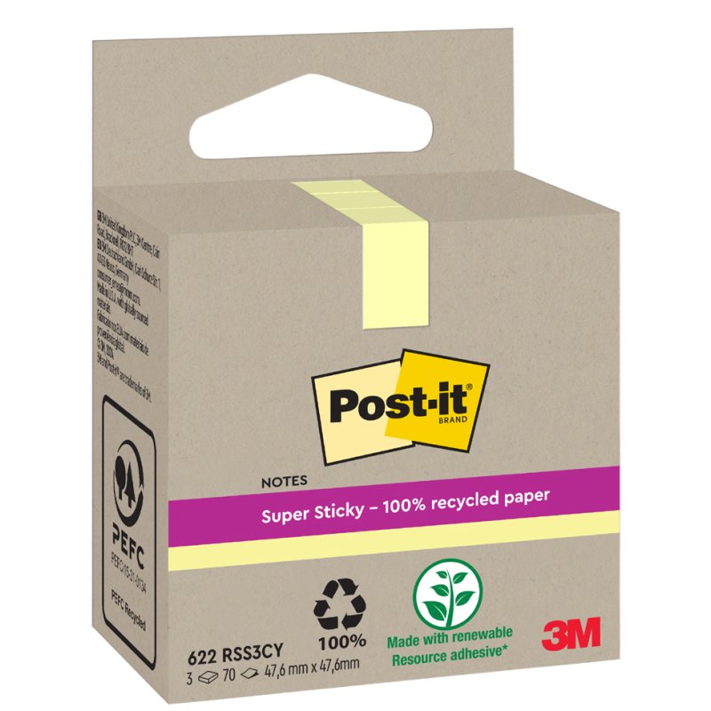 Post-it Super Sticky blocs-notes recyclés, 76×76 mm, jaune, 3 blocs