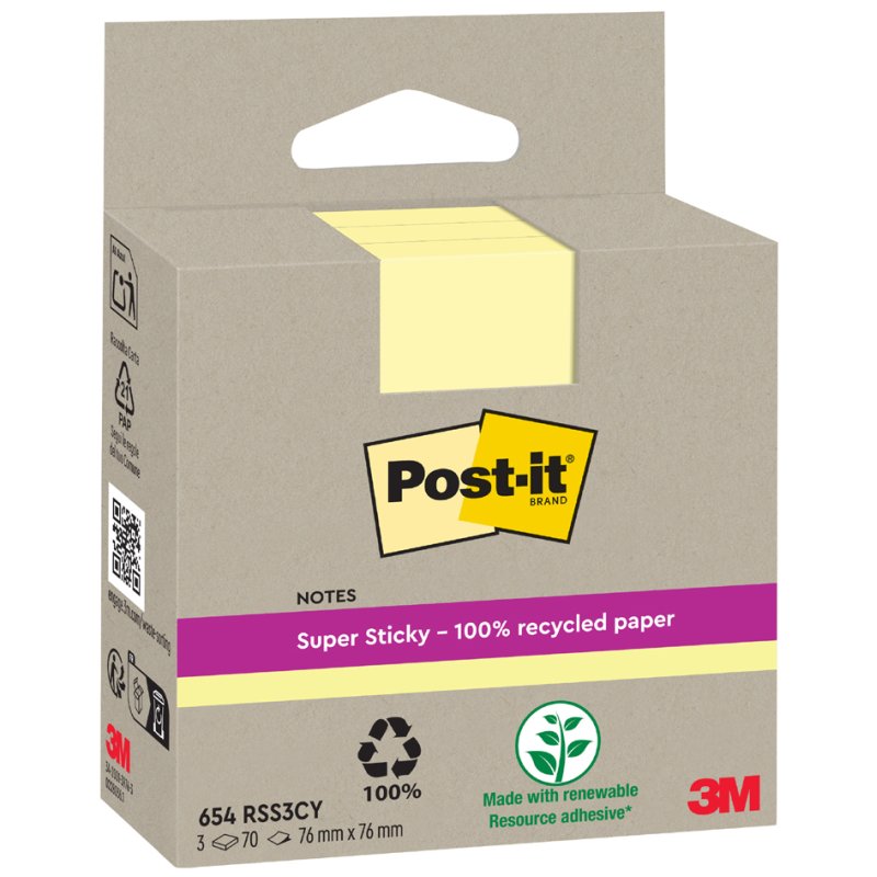 Post-it Super Sticky blocs-notes recyclés, 76×76 mm, jaune, 3 blocs