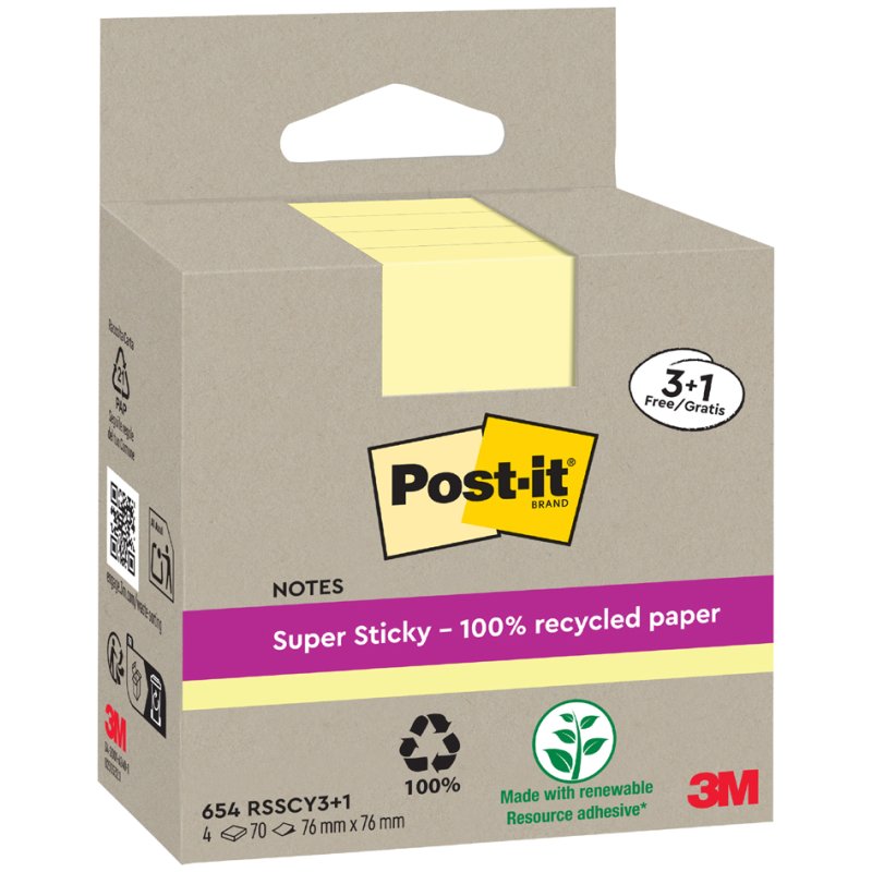 Post-it Super Sticky blocs-notes recyclés, 76×76 mm, jaune, 3 blocs