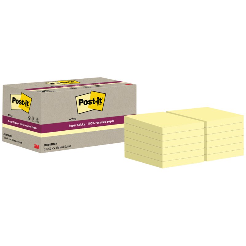Post-it Super Sticky notes recyclés, 76×76 mm, jaune, 18 pièces