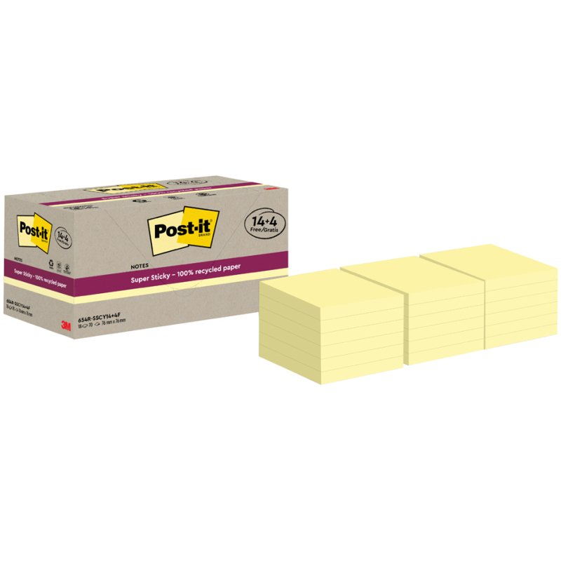 Post-it Super Sticky notes recyclés, 76×76 mm, jaune, 18 pièces