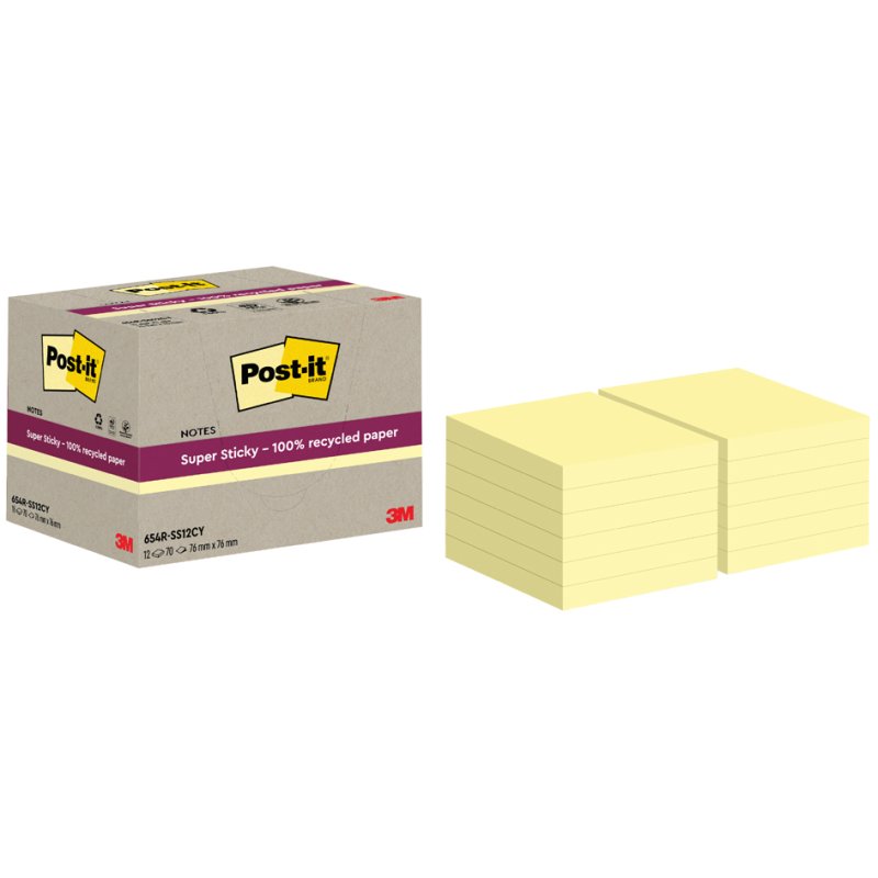 Post-it Super Sticky notes recyclés, 76×76 mm, jaune, 18 pièces