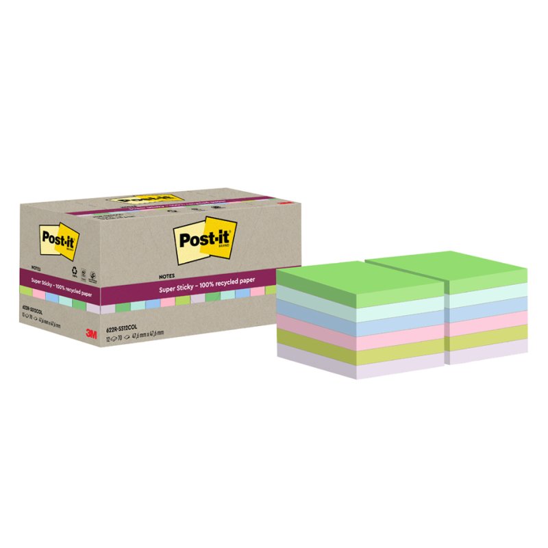 Post-it Super Sticky bloc-notes recyclés, 47,6×47,6 mm, couleurs assorties, 12 blocs