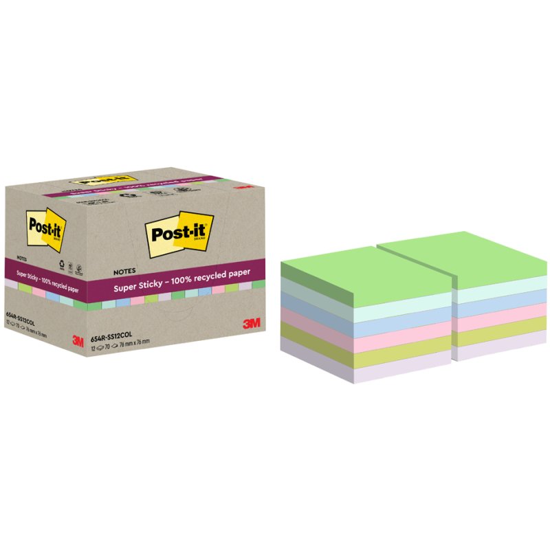 Post-it Super Sticky bloc-notes recyclés, 47,6×47,6 mm, couleurs assorties, 12 blocs
