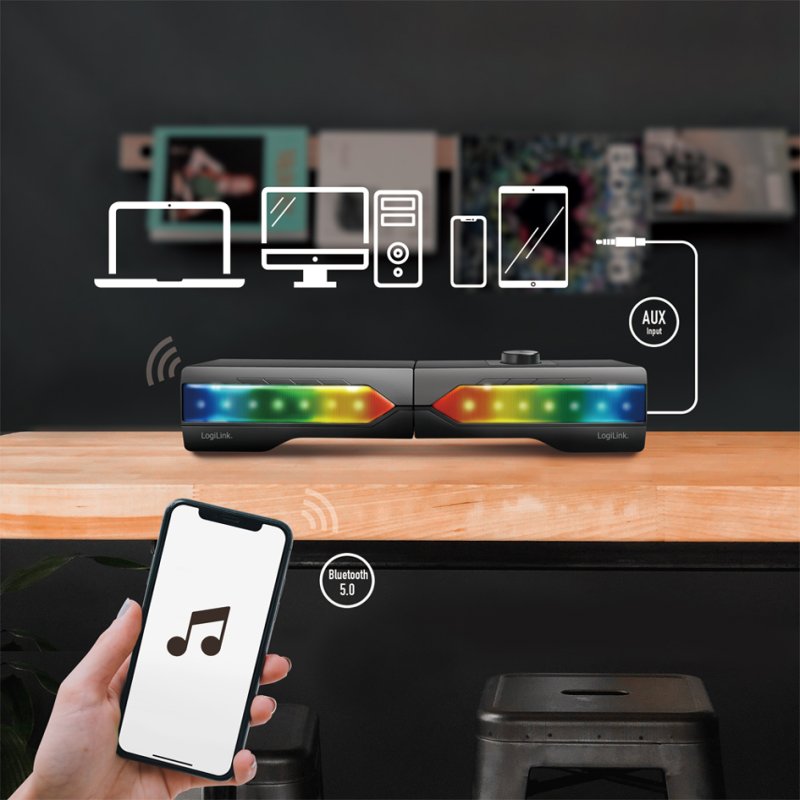 LogiLink barre sonore mobile avec éclairage festif, noir, Bluetooth 5.0, RGB-verlichting