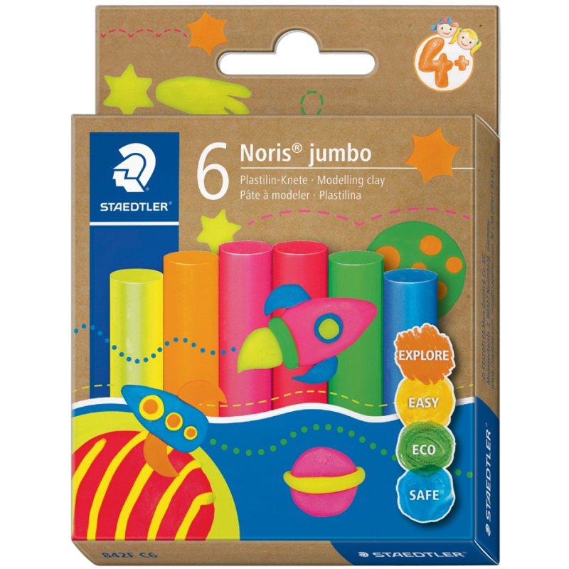 STAEDTLER pâte à modeler enfant Noris jumbo, 6 couleurs néon, 6 barres