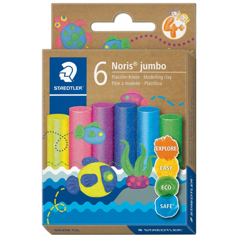 STAEDTLER pâte à modeler enfant Noris jumbo, 6 couleurs néon, 6 barres