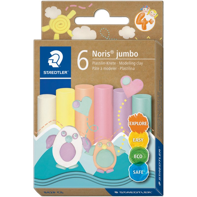 STAEDTLER pâte à modeler enfant Noris jumbo, 6 couleurs néon, 6 barres