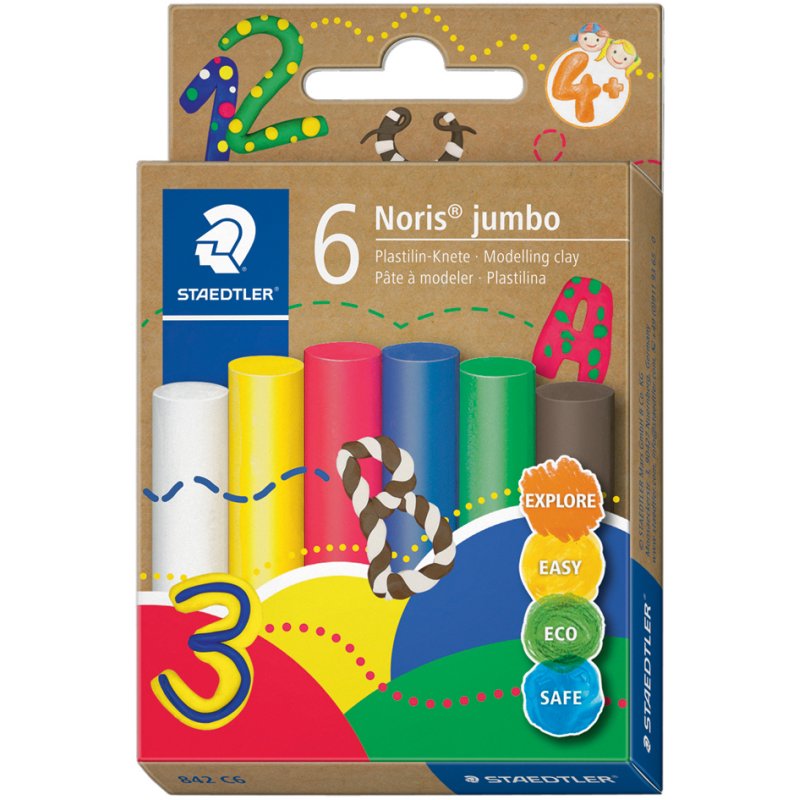 STAEDTLER pâte à modeler enfant Noris jumbo, 6 couleurs néon, 6 barres