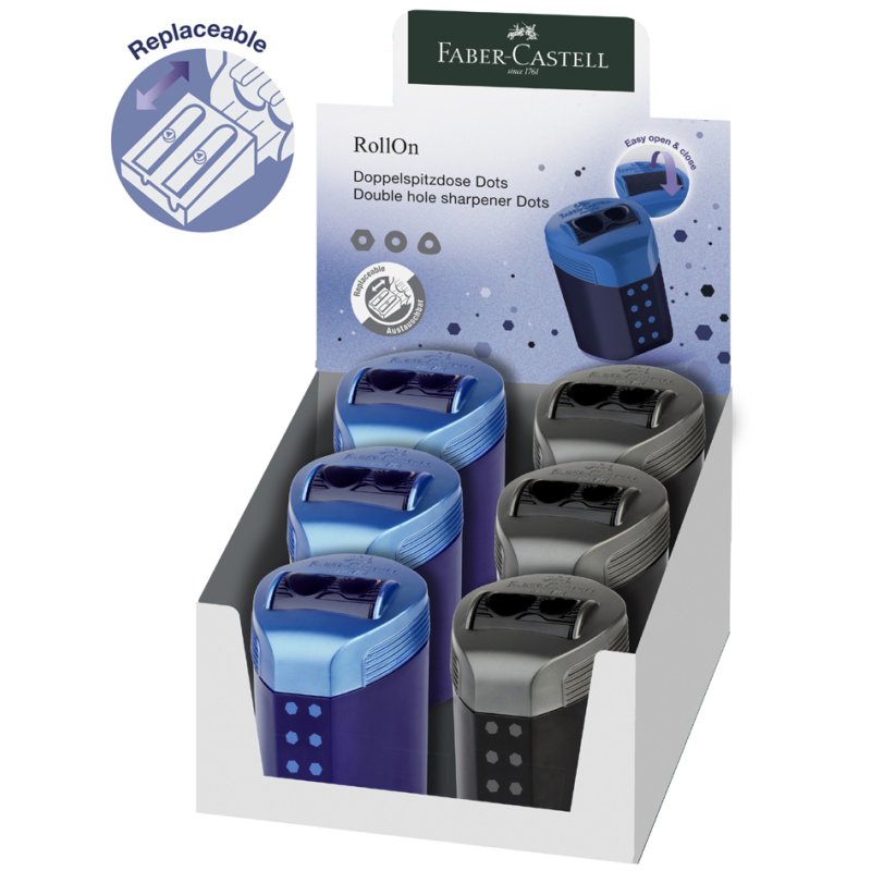 Faber-Castell RollOn DOTS double sharpener, blue and black, 6 pieces