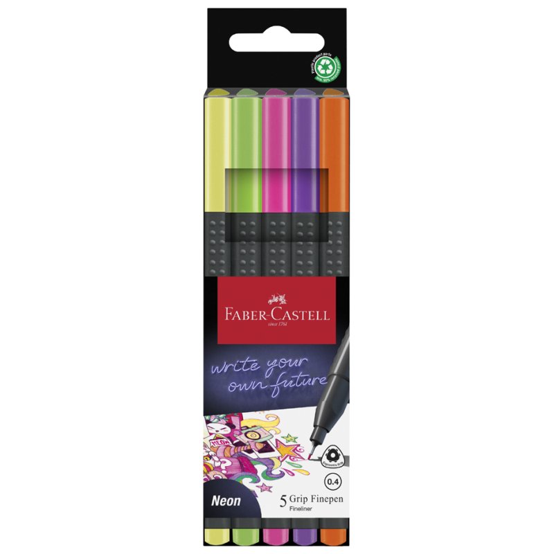 Faber-Castell fineliner GRIP FINEPEN, couleurs néon, 0,4 mm, 5 pièces