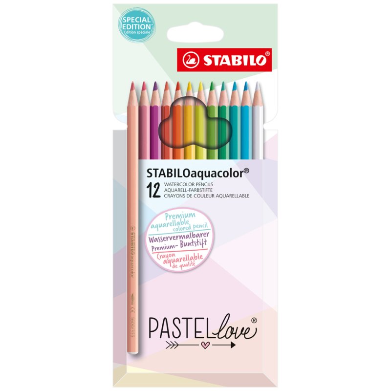 STABILO crayons aquarelle aquacolor Pastellove, couleurs pastel, 2,8 mm, 12 pièces