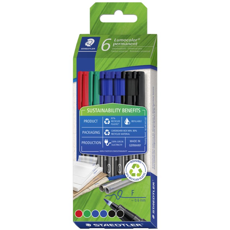STAEDTLER Lumocolor permanent markers, refillable, 0.6 mm, 6 pieces