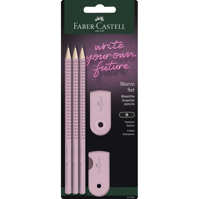 Faber-Castell SLEEVE writing set, pink, 3 pencils + eraser + sharpener