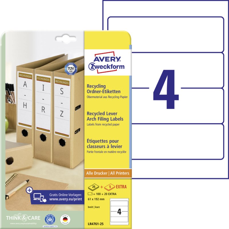 AVERY Zweckform étiquettes pour dos de classeur recyclage, 61×192 mm, blanc naturel, 120 pièces