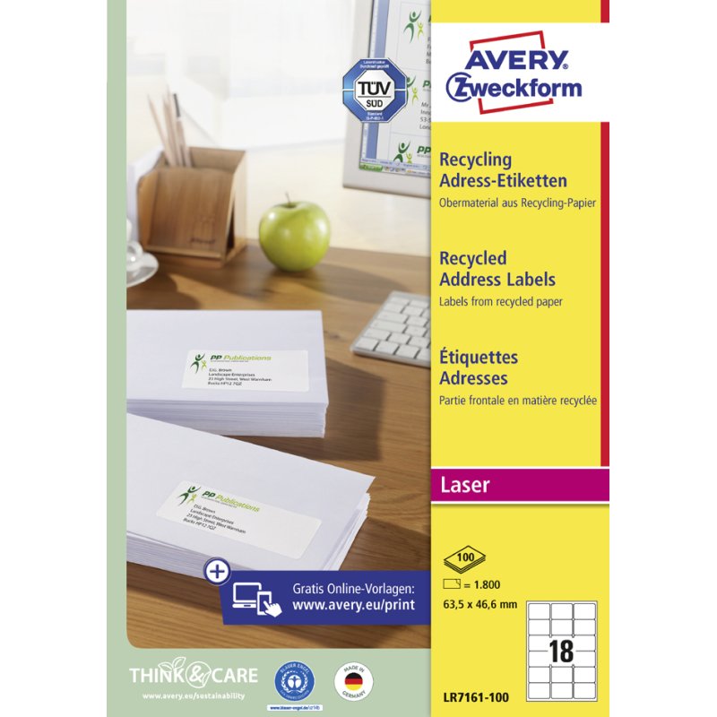 AVERY Zweckform étiquettes d'adresse recyclées, 63,5 × 46,6 mm, blanc naturel, 1.800 pièces