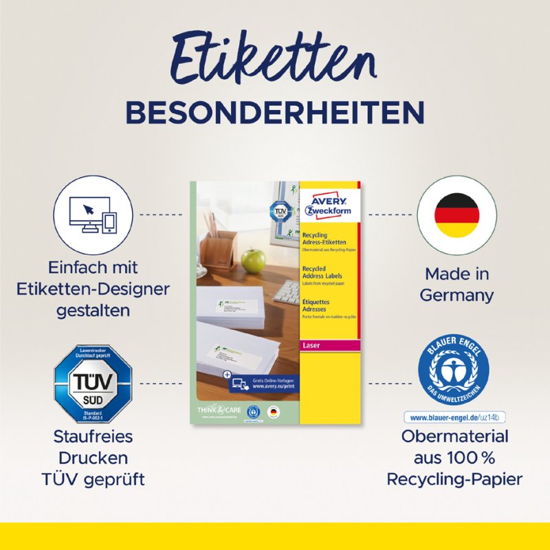 AVERY Zweckform étiquettes d'adresse recyclées, 63,5 × 46,6 mm, blanc naturel, 1.800 pièces