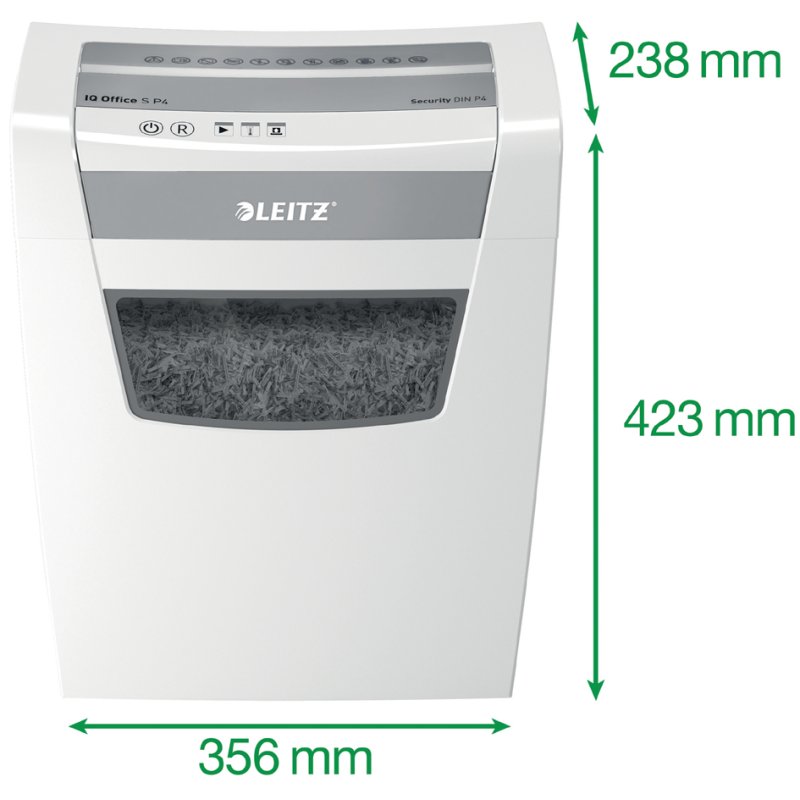 LEITZ papiervernietiger IQ Office S, deeltjessnit 4×28 mm, wit/zilver, 12 vel