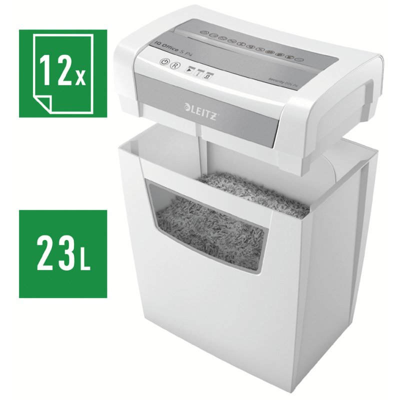 LEITZ papiervernietiger IQ Office S, deeltjessnit 4×28 mm, wit/zilver, 12 vel