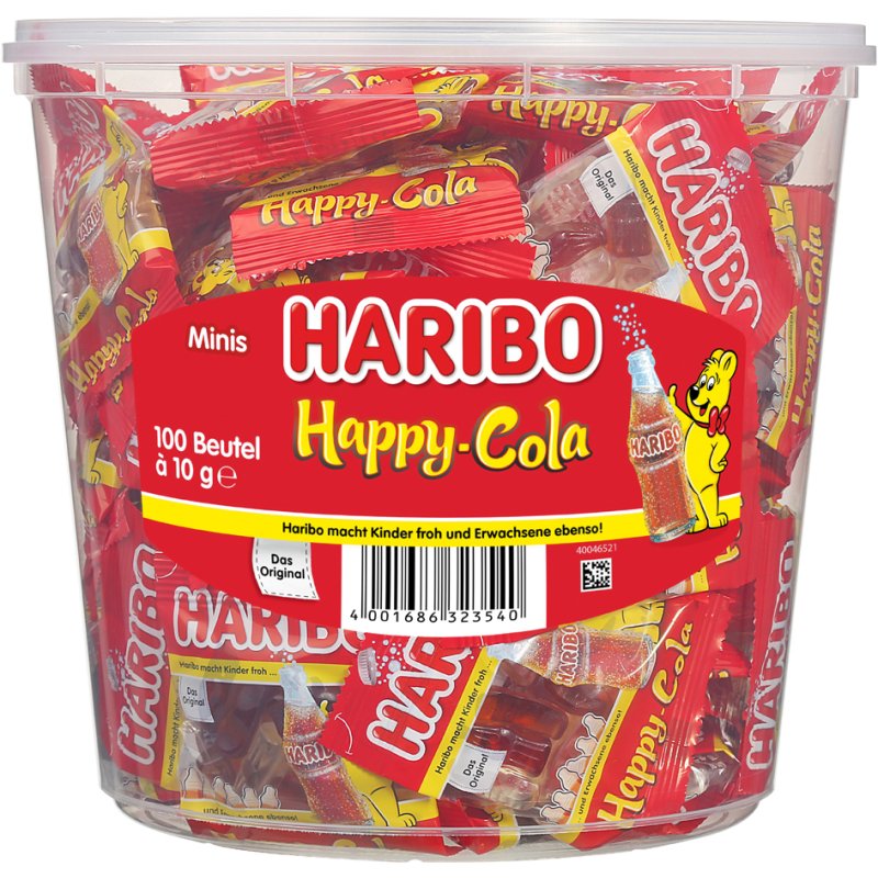 HARIBO Happy Cola Minis fruitgums, hersluitbare doos, 100 zakjes à 10 g