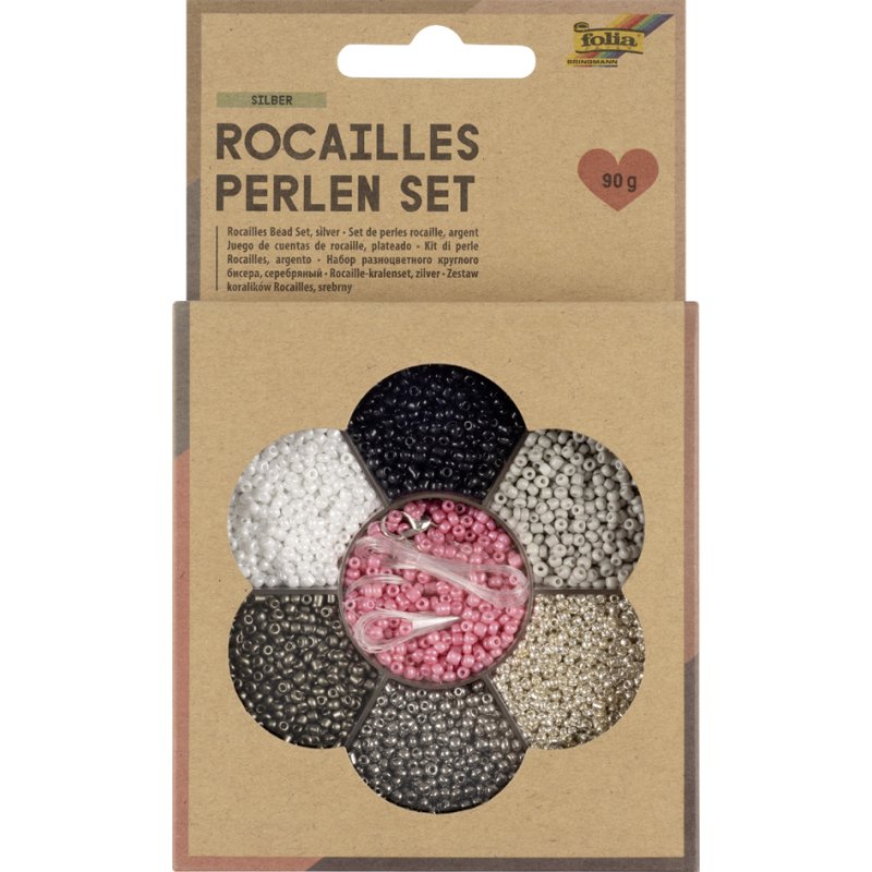 folia kralenset, rocailles-kralen 90 g, 7 kleuren, zilver