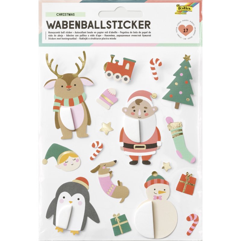 folia kerststickers met honingraatvorm, hot foil goud, 140×165 mm, 17 stuks