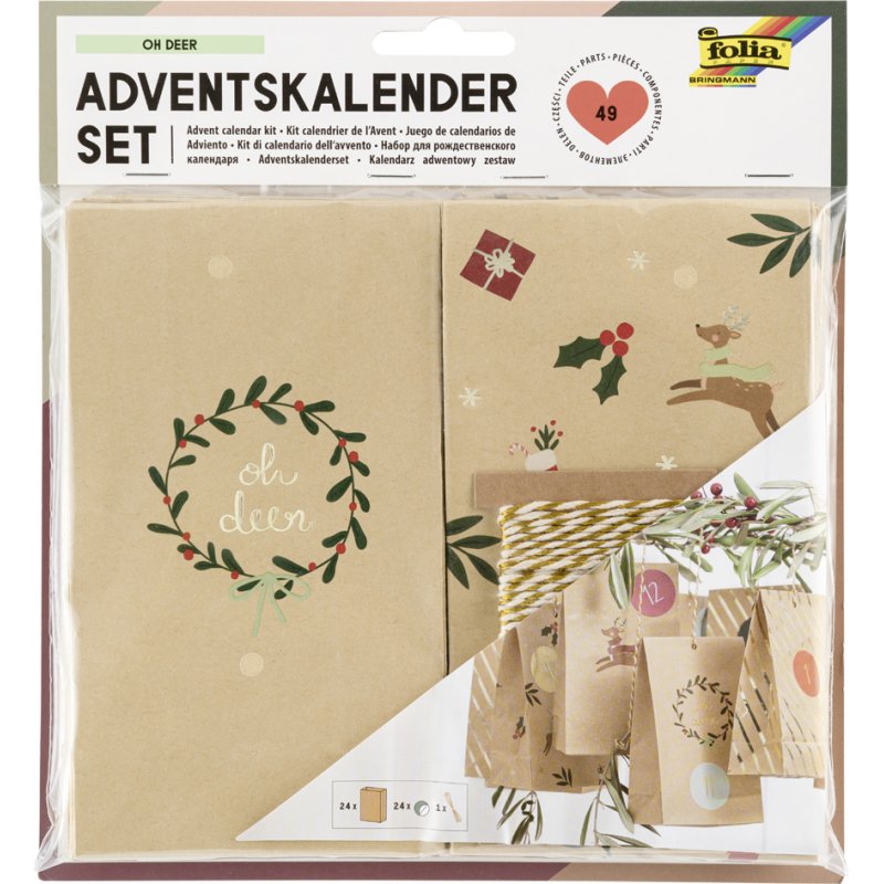 folia adventskalender OH DEER, 24 papieren zakjes, rendierpatroon, wit/goud