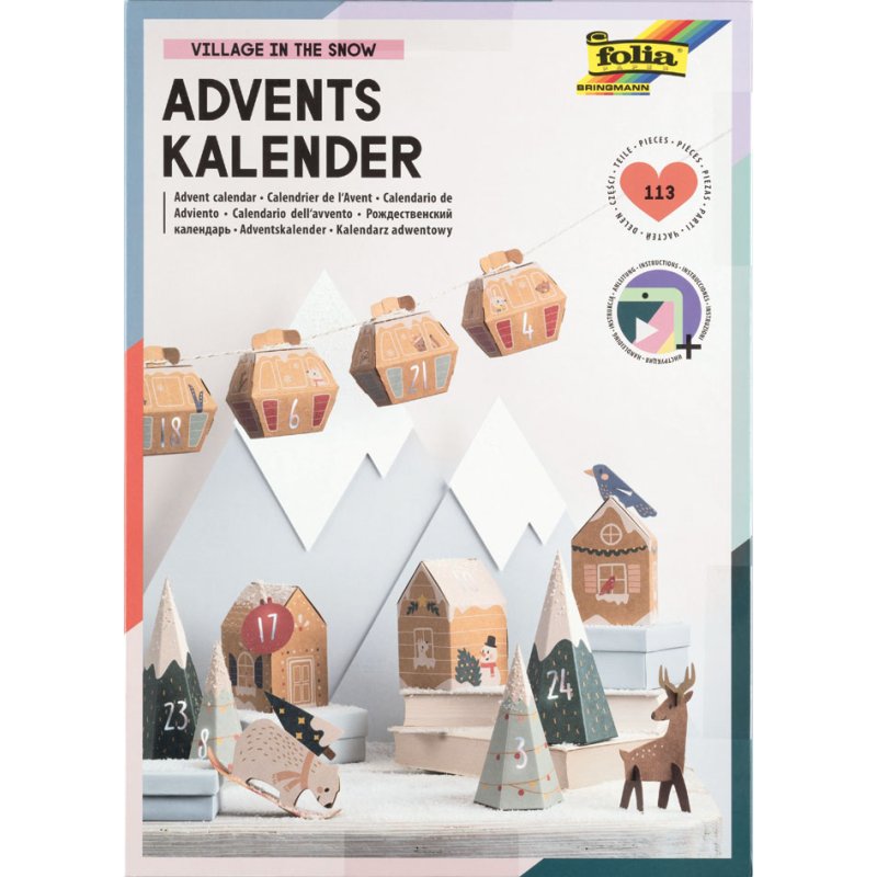 folia knutselpakket adventskalender Besneeuwde Dorpsscène, 8 huisjes, video-instructie
