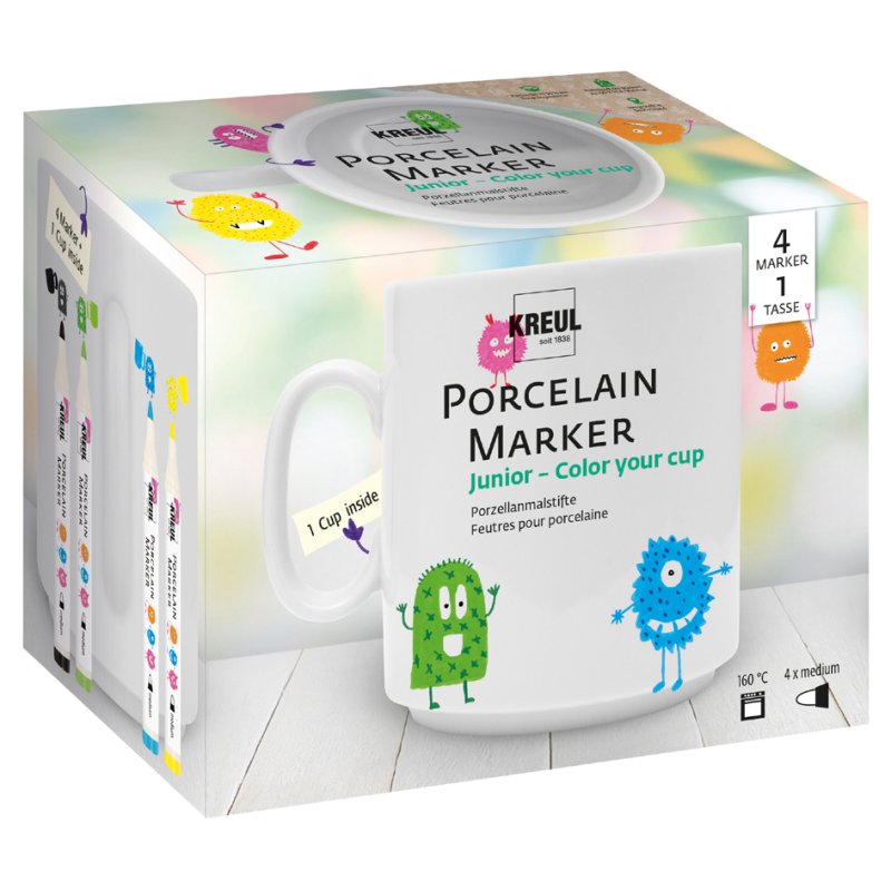 KREUL stylos porcelaine medium Junior, set Color your cup, 4 pièces + 1 tasse porcelaine