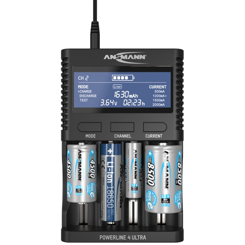 ANSMANN universele acculader Powerline 4 Ultra, zwart, LCD-display, overlaadbeveiliging