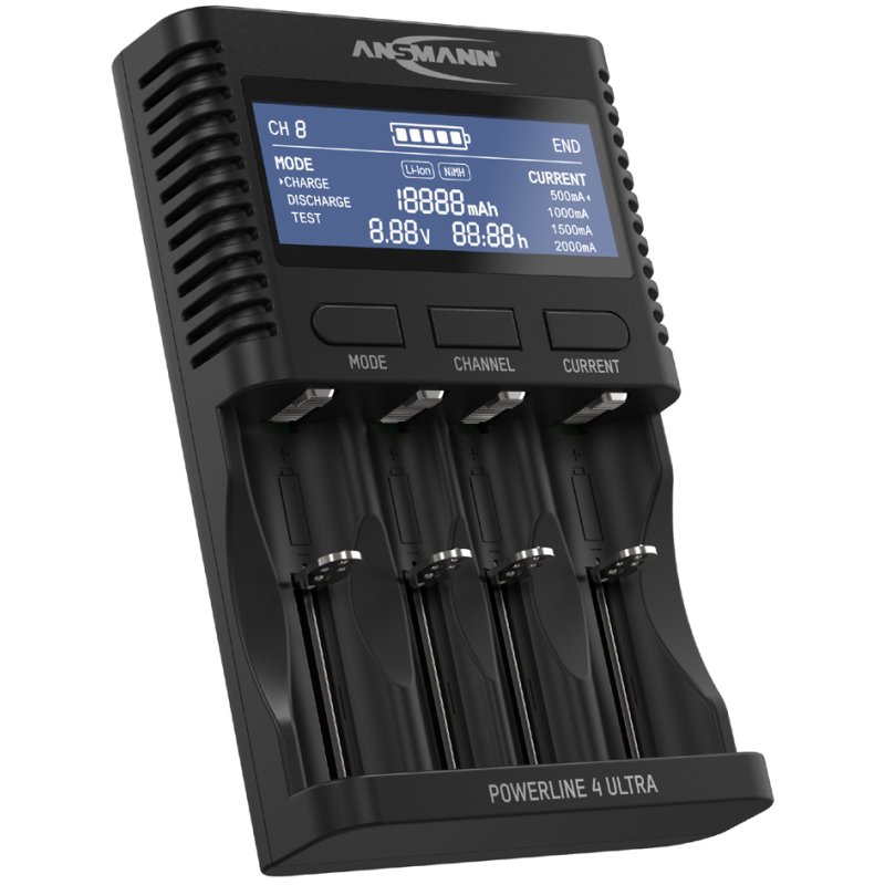 ANSMANN universele acculader Powerline 4 Ultra, zwart, LCD-display, overlaadbeveiliging