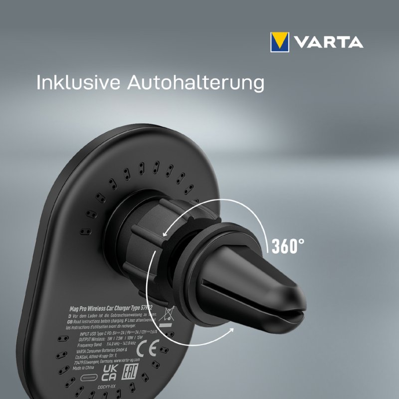 VARTA Mag Pro draadloze autolader, magnetische houder, zwart, 15 watt