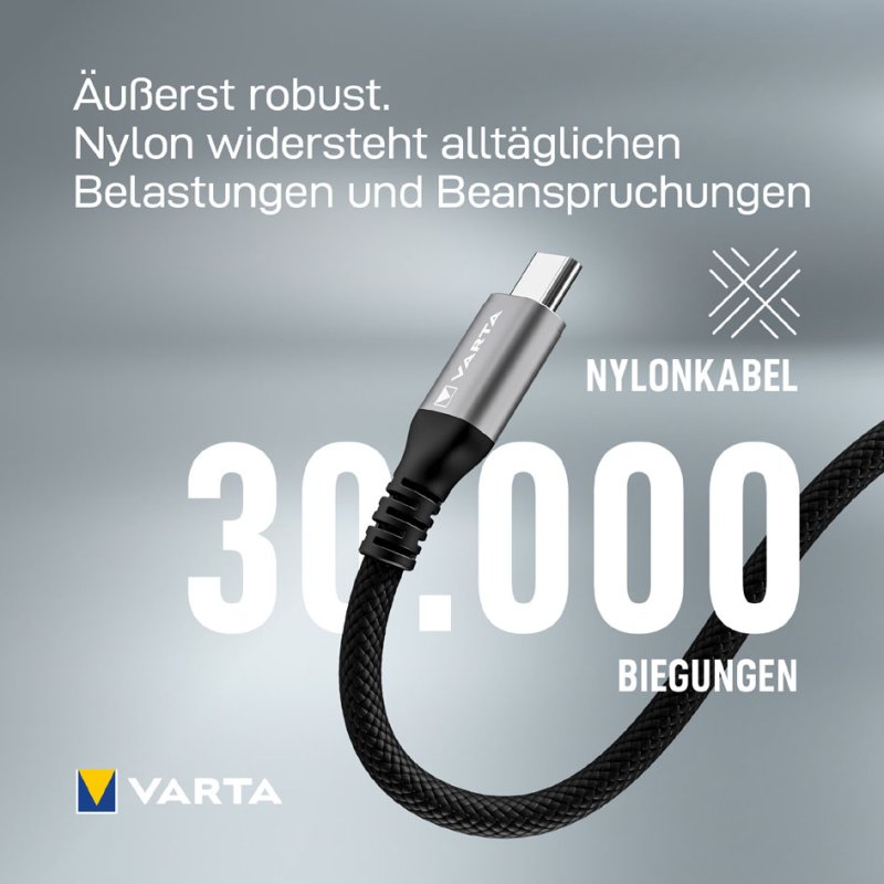 VARTA USB-C kabel Speed Charge & Sync, 2 meter, 100 watt, nylon/aluminium
