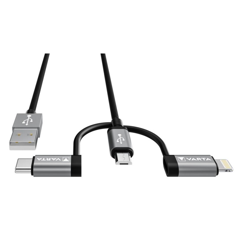 VARTA 3-in-1 oplaadkabel Speed Charge & Sync, 2 meter, USB-A naar Lightning/Micro-USB/USB-C