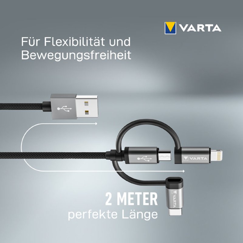 VARTA 3-in-1 oplaadkabel Speed Charge & Sync, 2 meter, USB-A naar Lightning/Micro-USB/USB-C