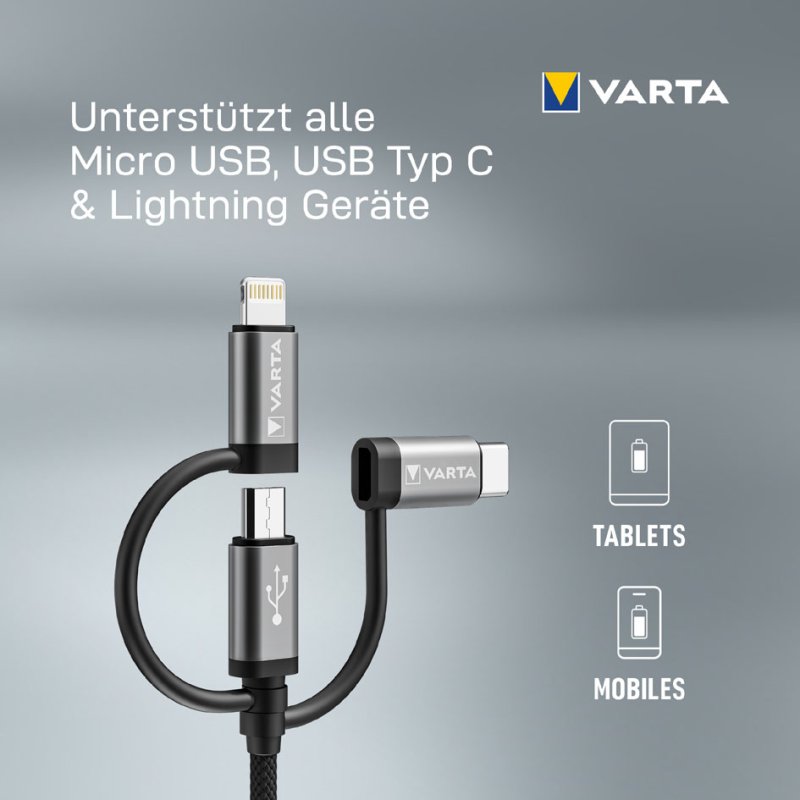 VARTA 3-in-1 oplaadkabel Speed Charge & Sync, 2 meter, USB-A naar Lightning/Micro-USB/USB-C
