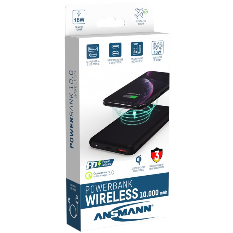 ANSMANN powerbank PB218, draadloos, zwart, 10.000 mAh