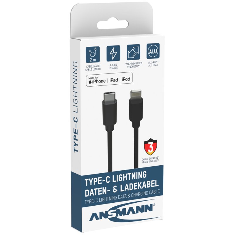 ANSMANN USB-C naar Lightning kabel, zwart, 2 meter, 60 Watt