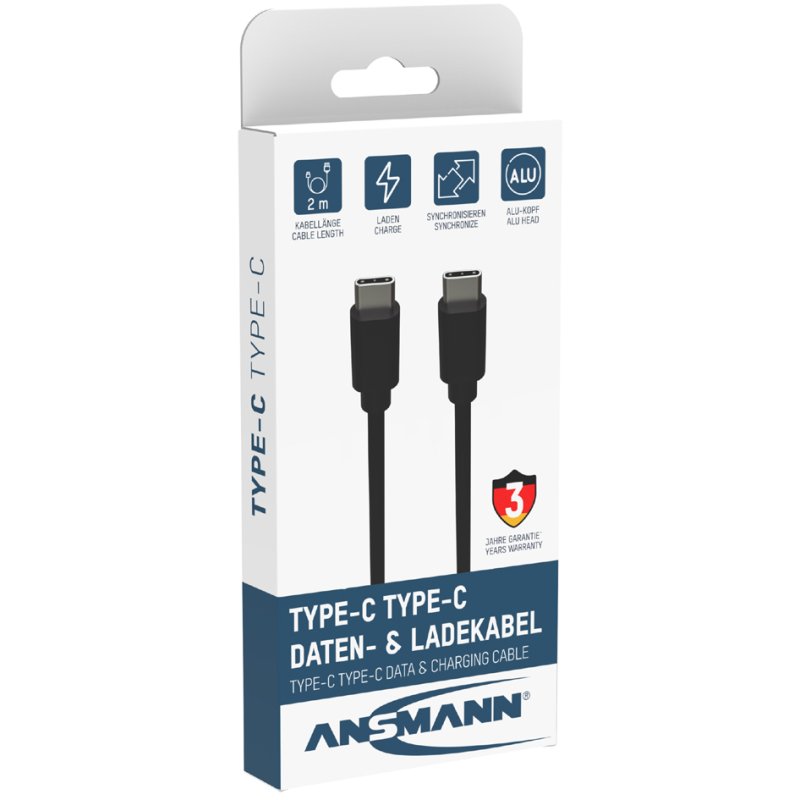 ANSMANN USB-C naar USB-C kabel, zwart, 2 meter, 60 Watt