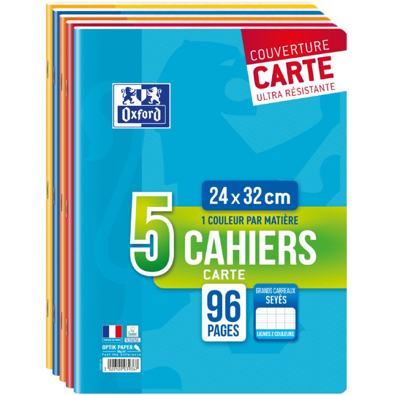 Oxford cahier ligné A4, 96 pages, lot de 5