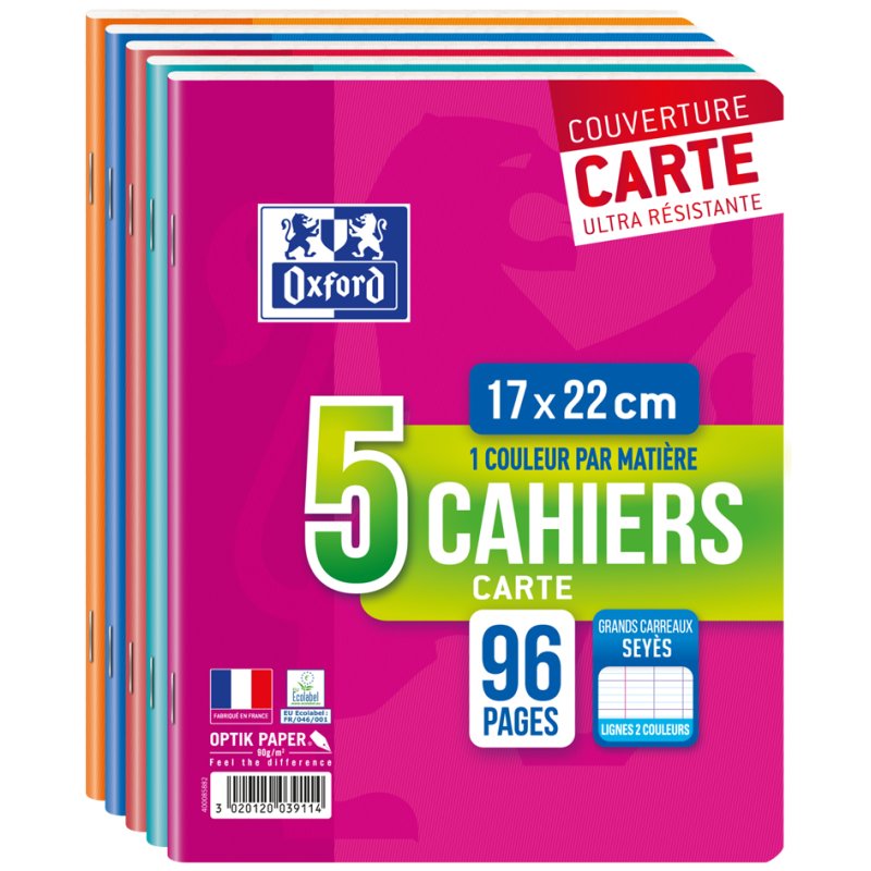 Oxford cahier ligné A4, 96 pages, lot de 5