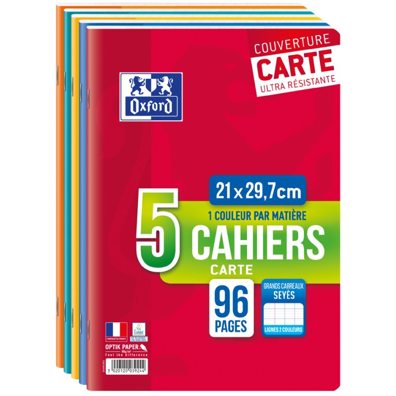 Oxford cahier ligné A4, 96 pages, lot de 5