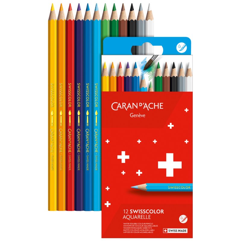 CARAN D'ACHE Aquarelkleurpotloden SWISSCOLOR, wateroplosbaar, 12 stuks