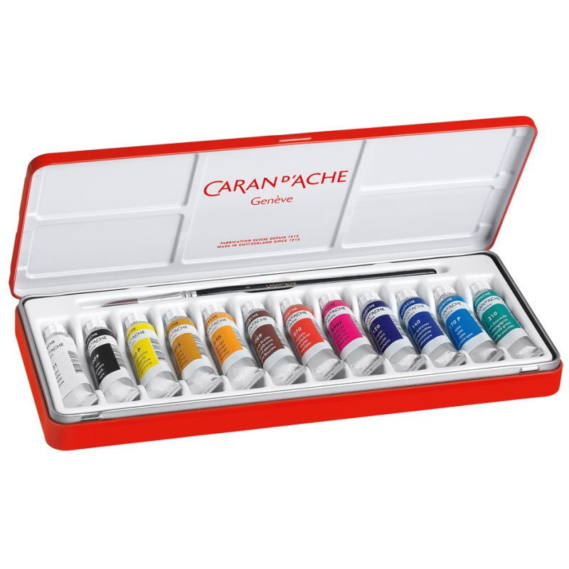 CARAN D'ACHE Gouache Studio set, 12 tubes à 10 ml, avec pinceau, étui métallique
