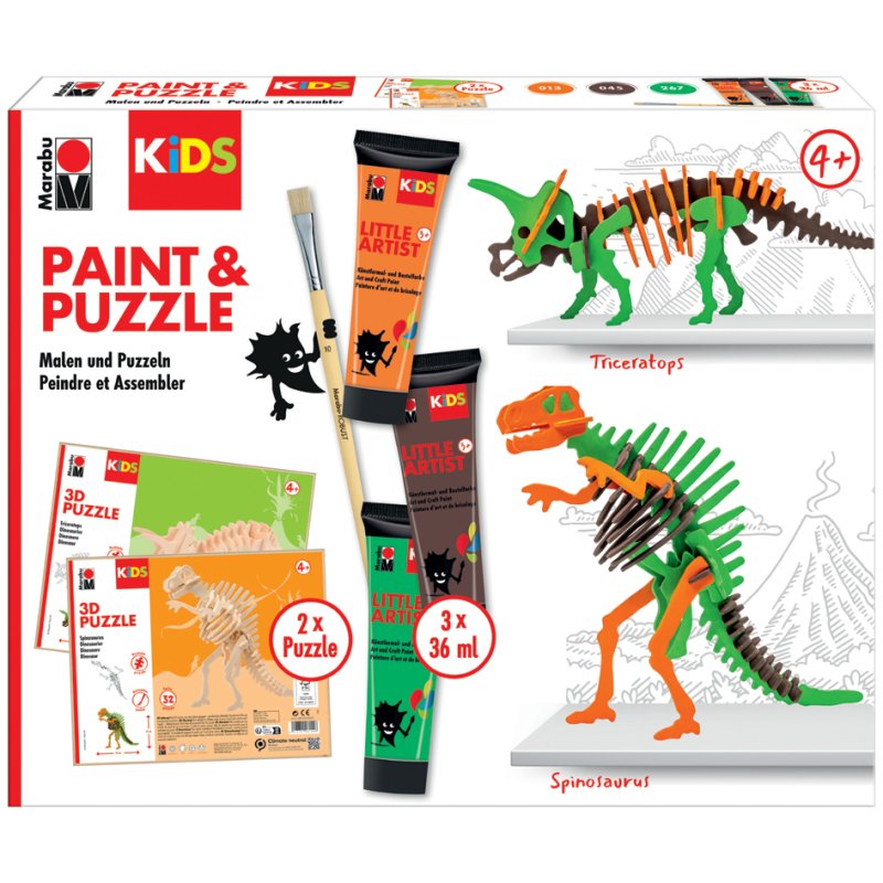 Marabu KiDS verf- en puzzelset Kleine Kunstenaar, dino's, 3 verfjes en 2 3D-puzzels