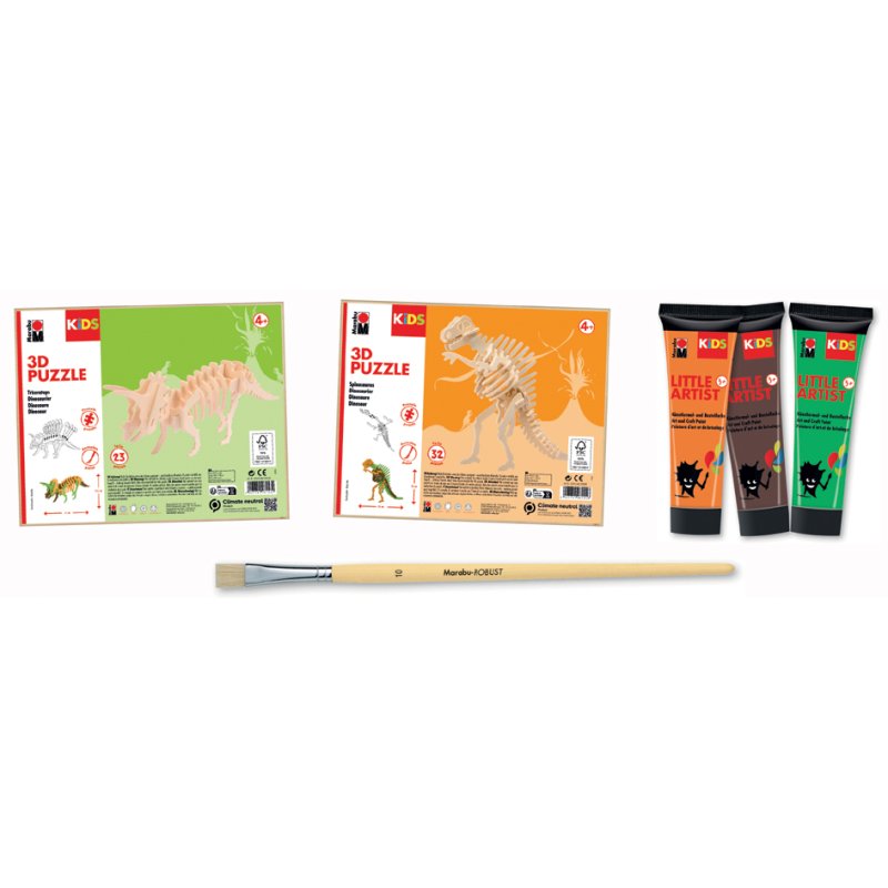 Marabu KiDS verf- en puzzelset Kleine Kunstenaar, dino's, 3 verfjes en 2 3D-puzzels