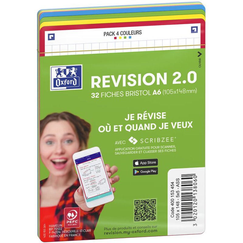 Oxford Révision 2.0 fiches cartonnées A5, couleur, quadrillées, 32 pièces