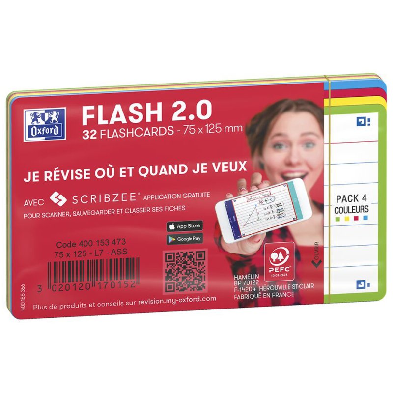 Oxford flashcards 2.0, white, A7 format, ruled, 32 pieces, coloured edges